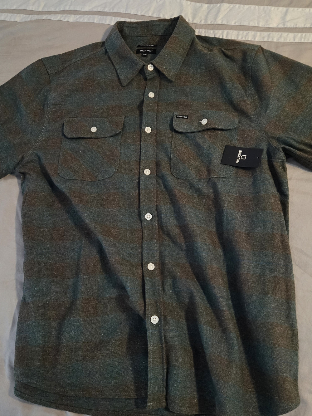 Brixton Men's Green and Brown Striped Button-Up Shirt